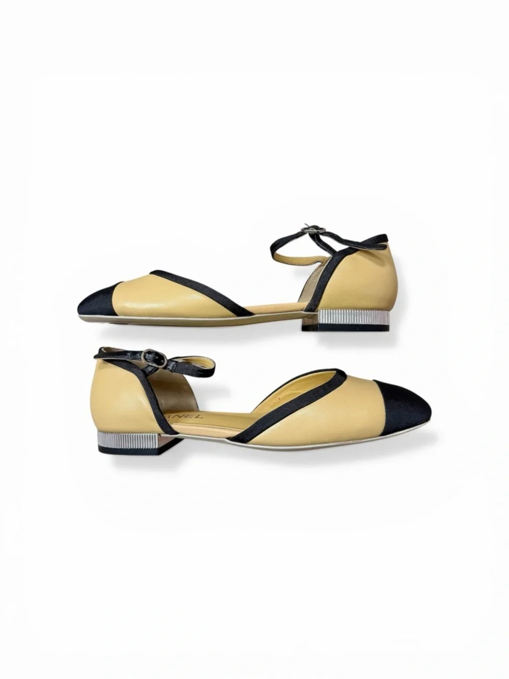 Chanel Two-Tone Beige & Black Mary Jane Flat Ankle Strap Shoes 40